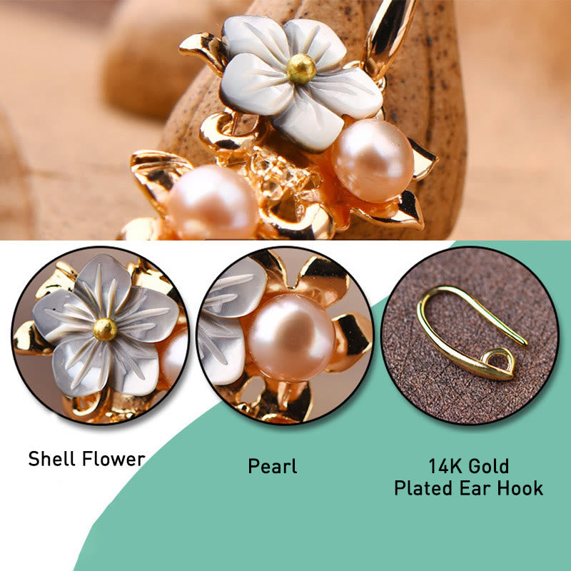 Pendientes colgantes con cuentas de aventurina verde, perla y flor de piedra Tridacna chapada en oro de 14 quilates con Buddha Stones