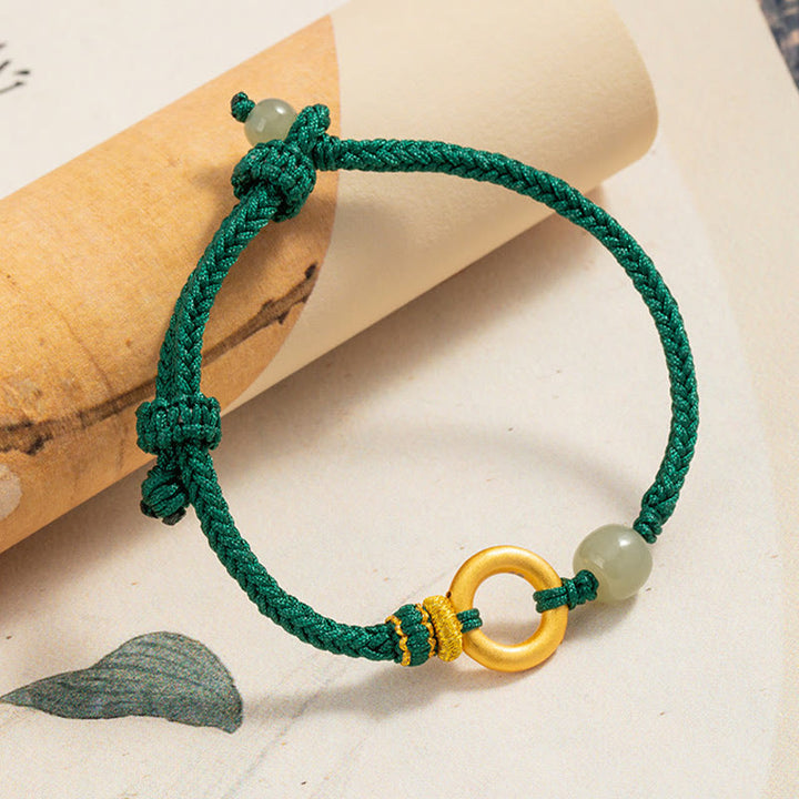 Pulsera trenzada de cuerda verde de la suerte con cuentas de jade hetiano y hebilla de la paz de plata de ley 999 con Buddha Stones
