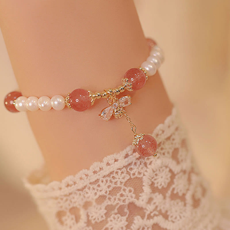 Pulsera con dije de abeja y miel curativa de cuarzo fresa y perlas naturales con Buddha Stones