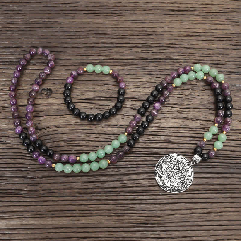 Pulsera de meditación con Buddha Stones , 108 cuentas Mala, amatista, aventurina verde, loto