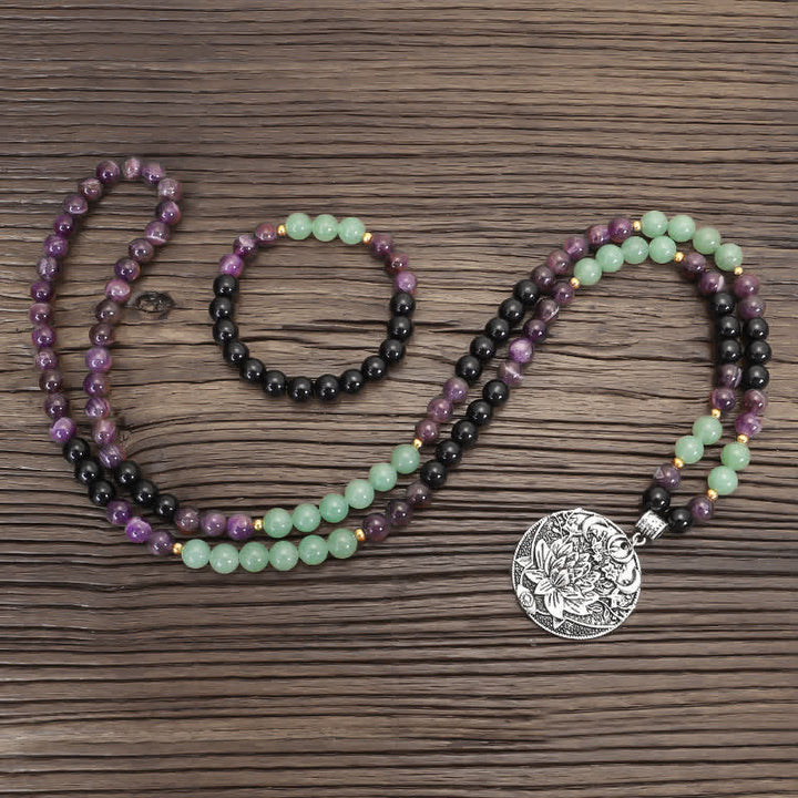 Pulsera de meditación con Buddha Stones , 108 cuentas Mala, amatista, aventurina verde, loto