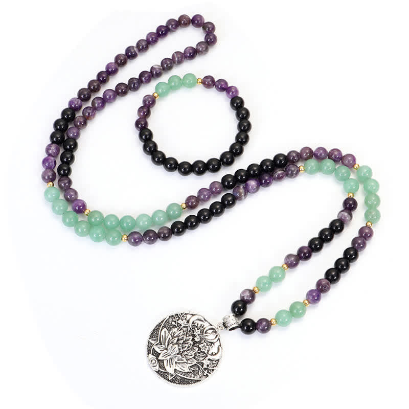 Pulsera de meditación con Buddha Stones , 108 cuentas Mala, amatista, aventurina verde, loto