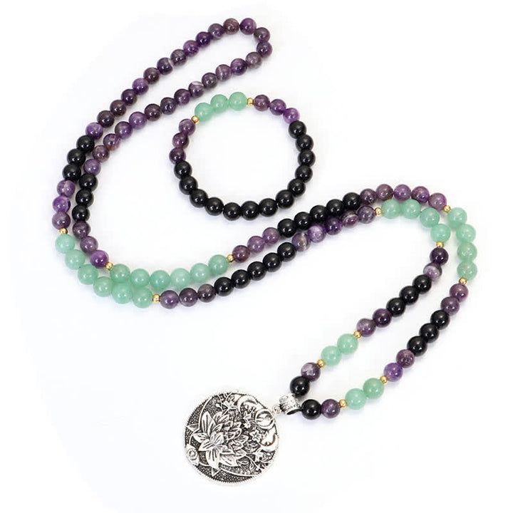 Pulsera de meditación con Buddha Stones , 108 cuentas Mala, amatista, aventurina verde, loto
