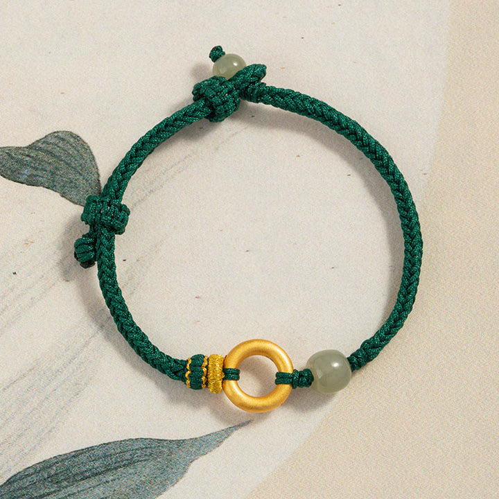 Pulsera trenzada de cuerda verde de la suerte con cuentas de jade hetiano y hebilla de la paz de plata de ley 999 con Buddha Stones
