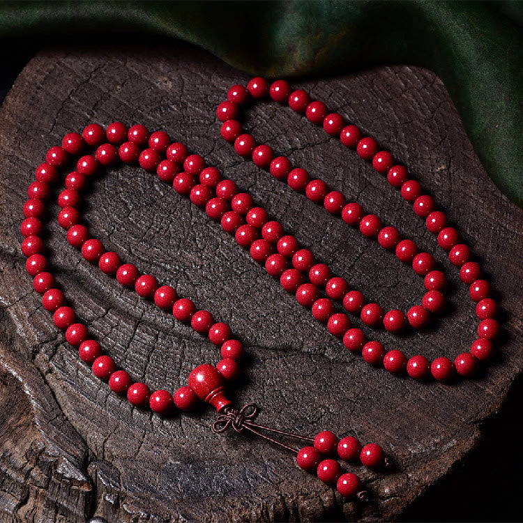 Buddha Stones 108 cuentas Mala cinabrio Om Mani Padme Hum patrón grabado pulsera de bendición