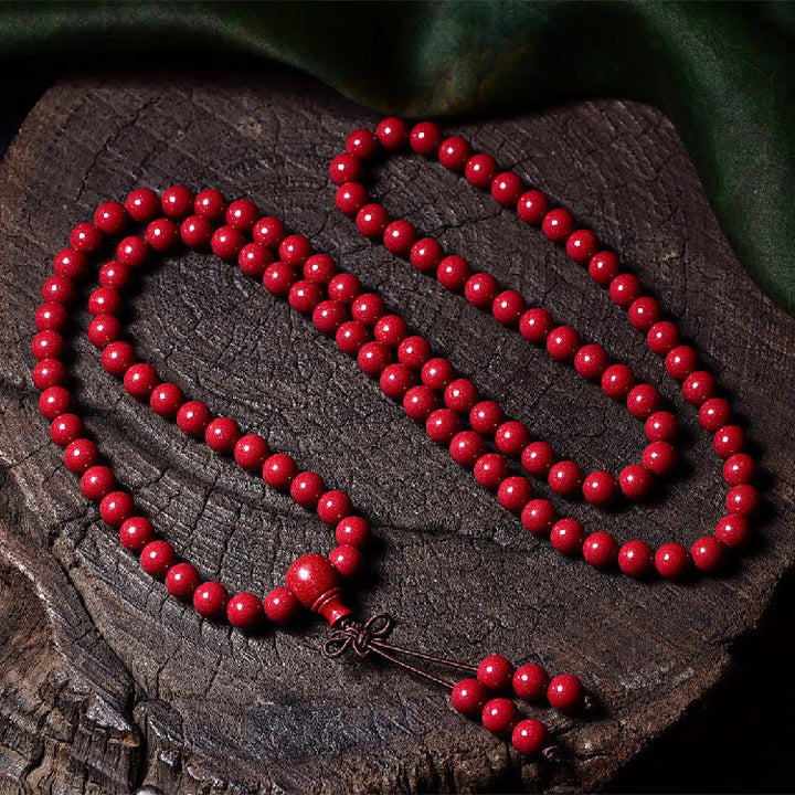 Buddha Stones 108 cuentas Mala cinabrio Om Mani Padme Hum patrón grabado pulsera de bendición