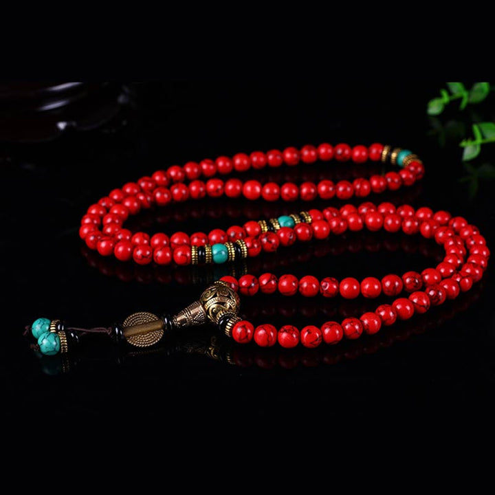 Pulsera con collar de la suerte, mala tibetana, Buddha Stones , color rojo y turquesa