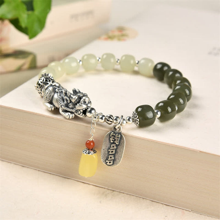 Pulsera de la suerte PiXiu de ámbar y jade hetiano natural de plata de ley 925