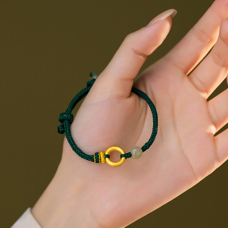 Pulsera trenzada de cuerda verde de la suerte con cuentas de jade hetiano y hebilla de la paz de plata de ley 999 con Buddha Stones
