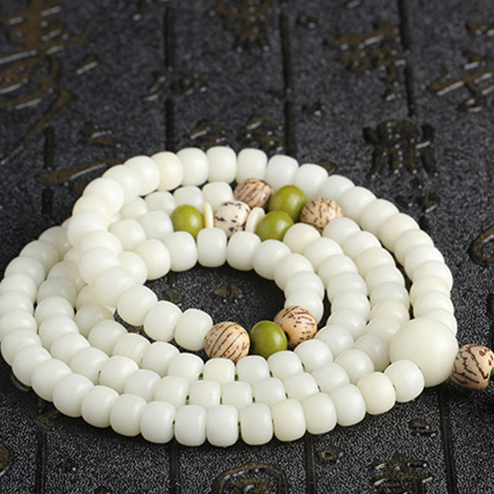 Buddha Stones Jade Blanco Bodhi Lotus Mala Armonía Collar Pulsera