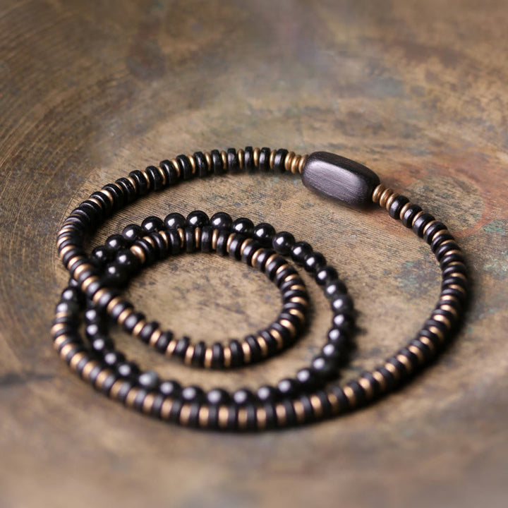 Pulsera de triple envoltura curativa de cobre y madera de ébano, obsidiana arcoíris con Buddha Stones