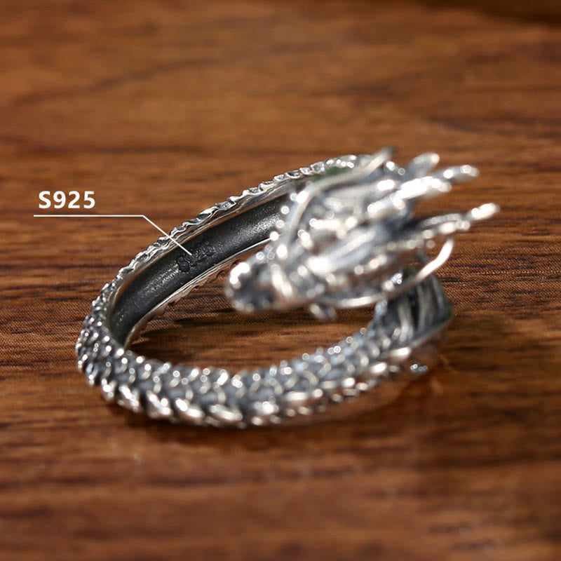 Anillo ajustable de plata de ley 925 con Buddha Stones , diseño vintage de dragón, protección del éxito, fuerza