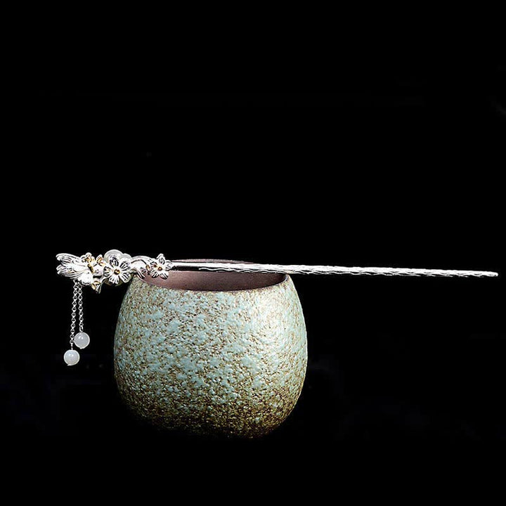 Horquilla de bendición de flor de jade blanco hetiano de plata de ley 925