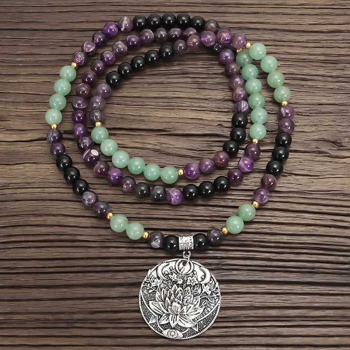 Pulsera de meditación con Buddha Stones , 108 cuentas Mala, amatista, aventurina verde, loto