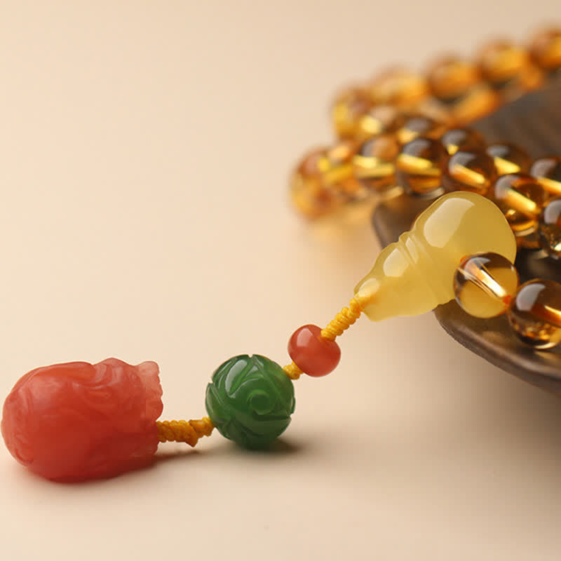 108 cuentas de Mala, citrino Natural, ámbar, hebilla de la paz, ágata roja, pulsera de protección PiXiu