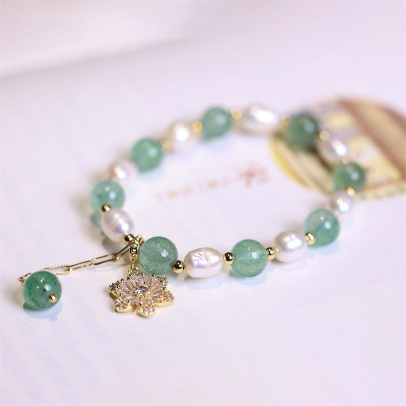 Pulsera de amor con dije de flor de perla de cuarzo fresa verde Natural con Buddha Stones