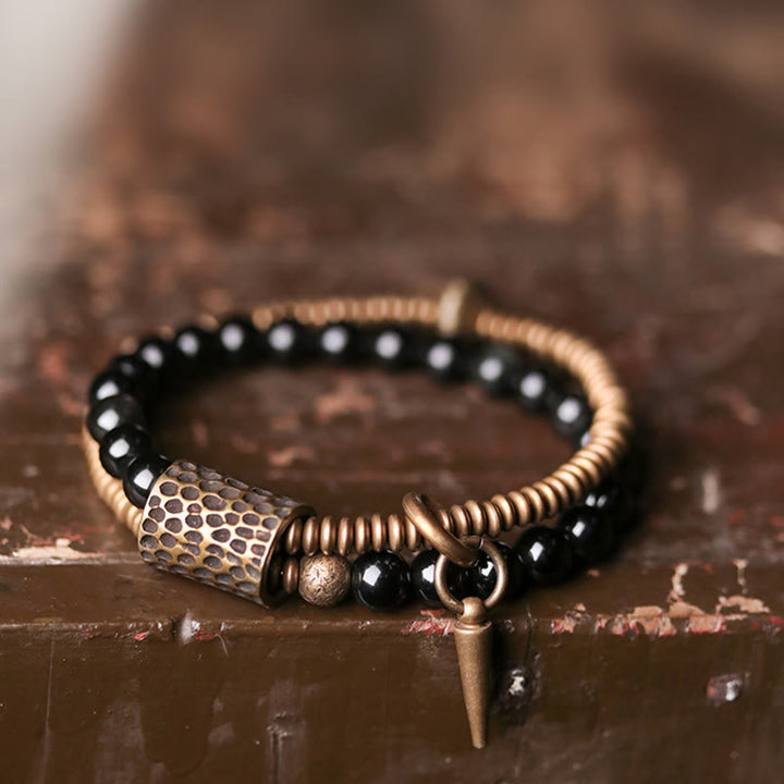 Pulsera de doble capa curativa de paz interior de cobre obsidiana arcoíris con Buddha Stones