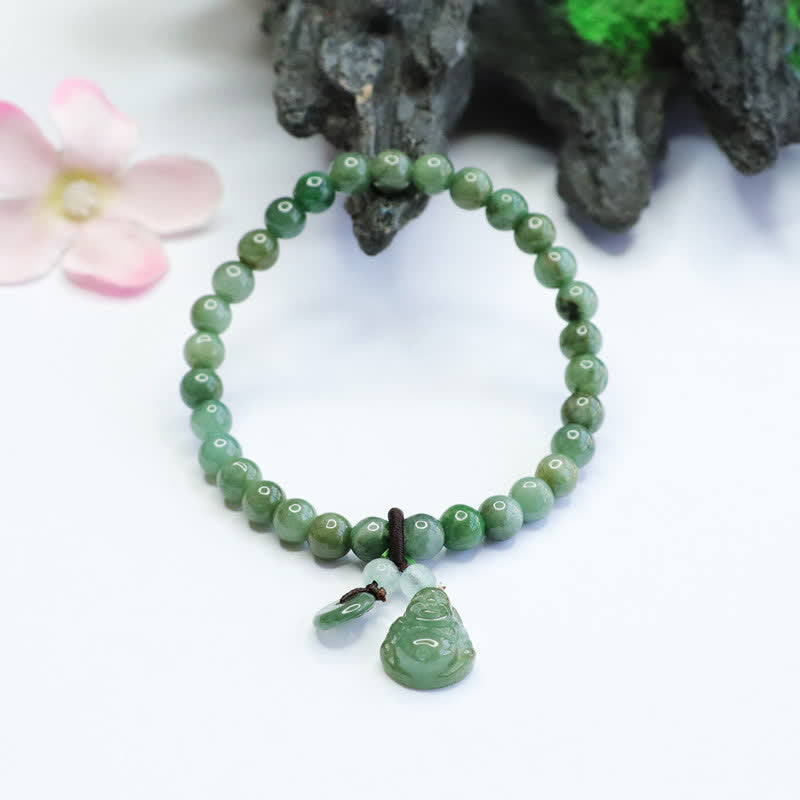 Pulsera curativa de jade cian de Buda sonriente con Buddha Stones de Buda