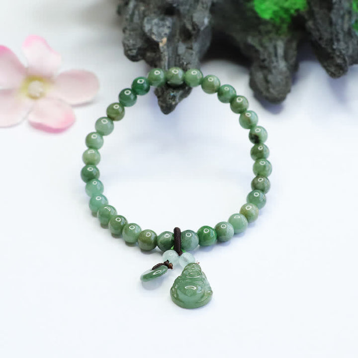 Pulsera curativa de jade cian de Buda sonriente con Buddha Stones de Buda