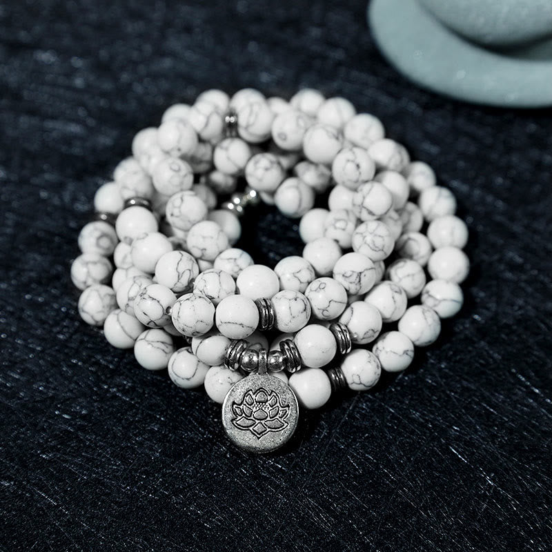 Pulsera curativa de mala de loto turquesa blanca con Buddha Stones
