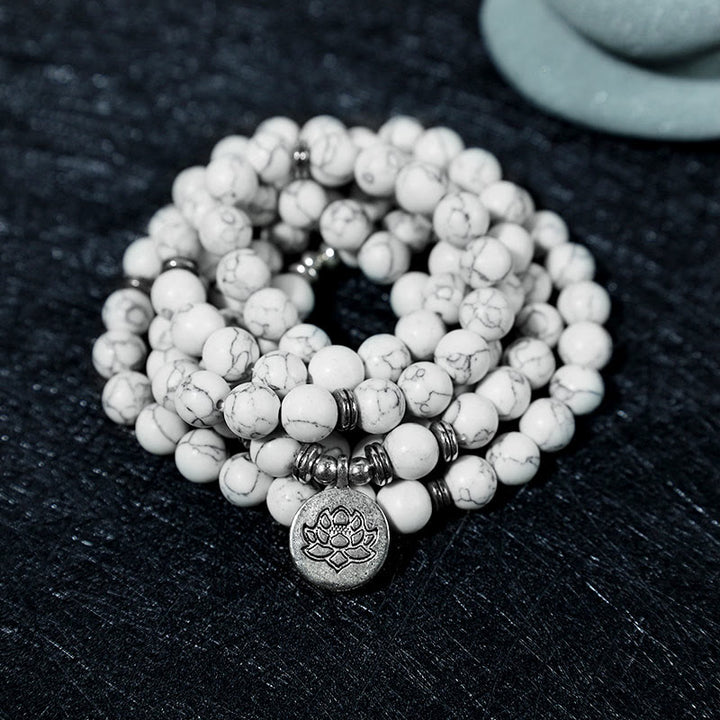 Pulsera curativa de mala de loto turquesa blanca con Buddha Stones