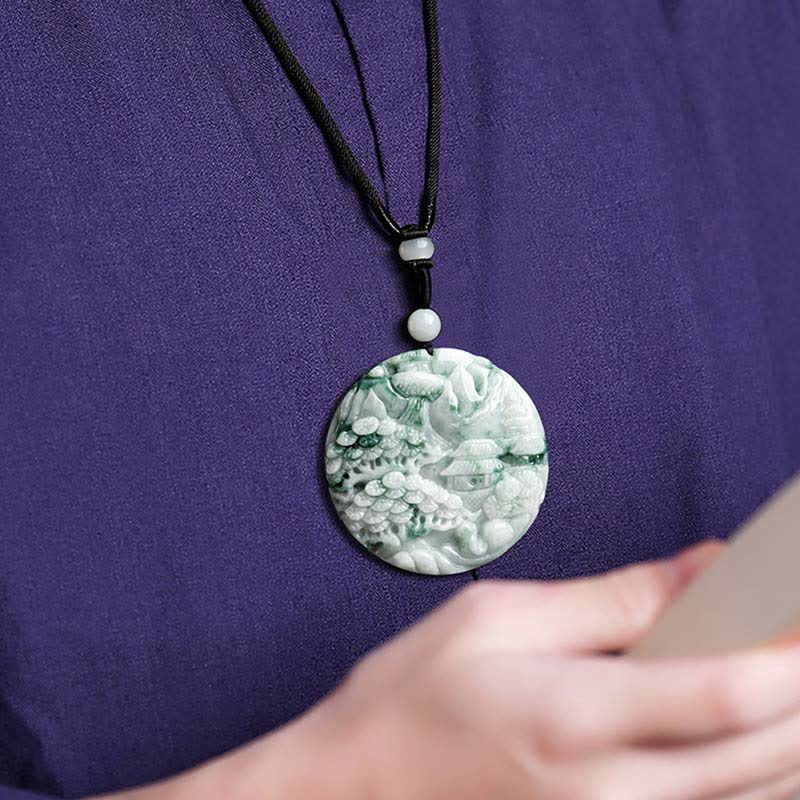 Collar de cadena de abundancia de jade con paisaje de montaña de Buddha Stones