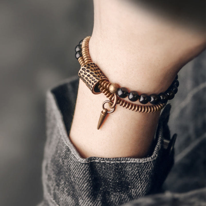 Pulsera de doble capa curativa de paz interior de cobre obsidiana arcoíris con Buddha Stones