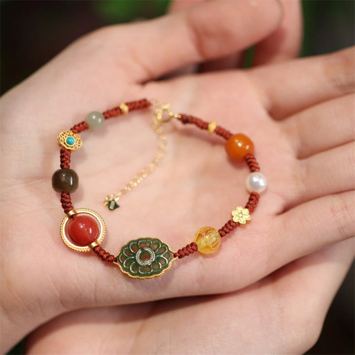 Pulsera de la suerte con cristales de ágata roja, ámbar y Jade hetiano Natural de Plata de Ley 925