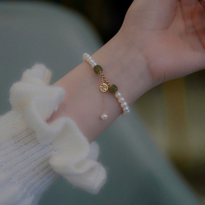 Pulsera de cuentas de sabiduría de felicidad de jade hetiano de perlas naturales