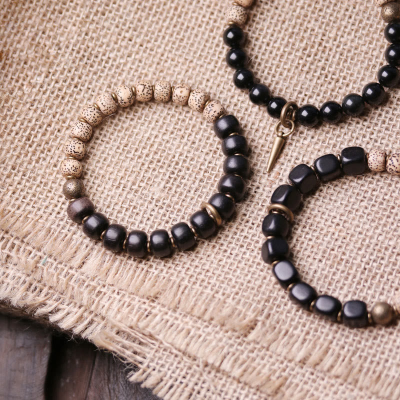Pulsera de paz de cobre y madera de ébano, obsidiana negra, semilla de Bodhi tibetana, Buddha Stones