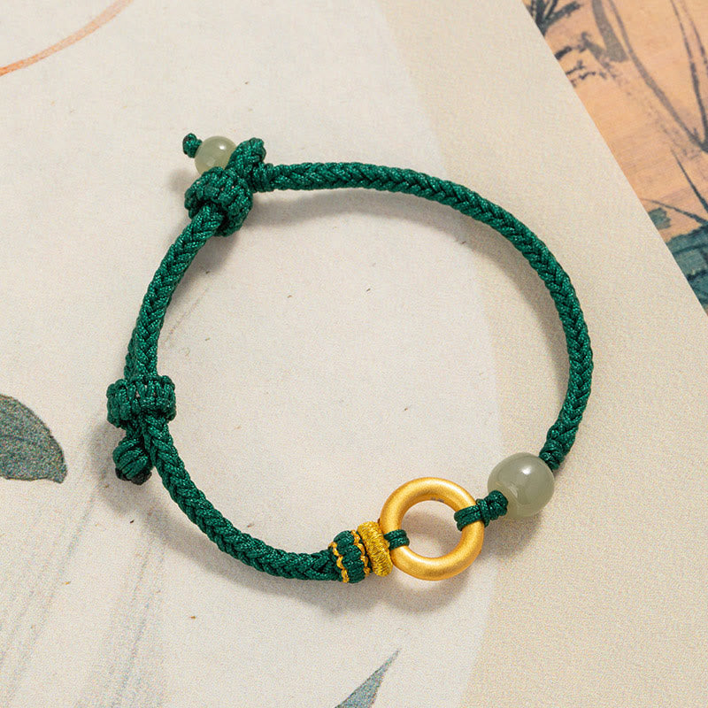 Pulsera trenzada de cuerda verde de la suerte con cuentas de jade hetiano y hebilla de la paz de plata de ley 999 con Buddha Stones
