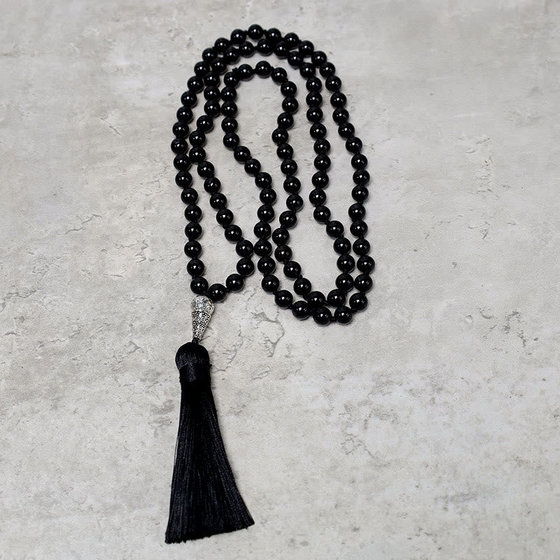 Buddha Stones 108 Mala cuentas de ónix negro Yoga meditación oración collar de cuentas