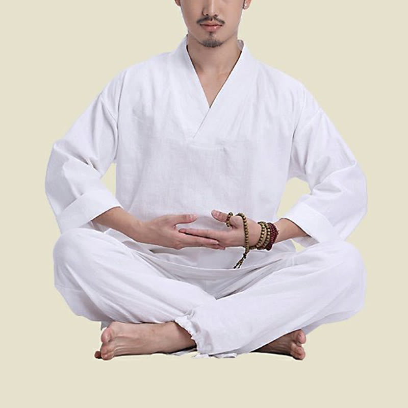 Conjunto de ropa de yoga para hombre con cuello en V, diseño de algodón y lino con Buddha Stones para meditación y oración - image 17