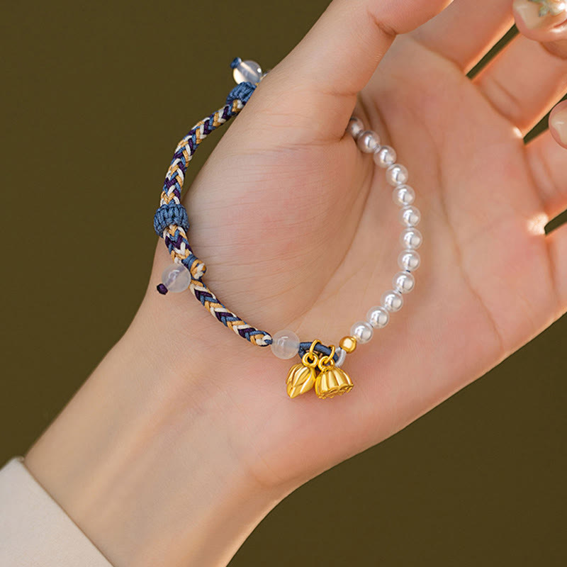 Pulsera de prosperidad de calcedonia de cuerda colorida con perlas de loto de plata de ley 925 con Buddha Stones
