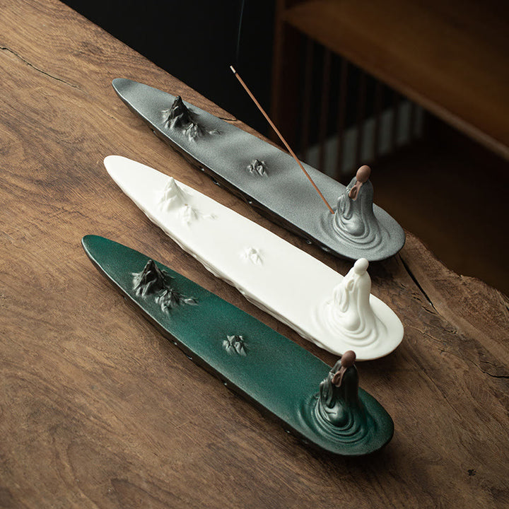 Quemador de incienso de cerámica con bendición de montaña, ola de mar, monje Buda, decoración