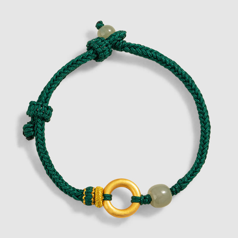 Pulsera trenzada de cuerda verde de la suerte con cuentas de jade hetiano y hebilla de la paz de plata de ley 999 con Buddha Stones