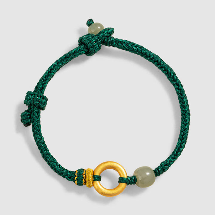Pulsera trenzada de cuerda verde de la suerte con cuentas de jade hetiano y hebilla de la paz de plata de ley 999 con Buddha Stones
