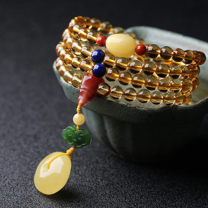 108 cuentas de Mala, citrino Natural, ámbar, hebilla de la paz, ágata roja, pulsera de protección PiXiu