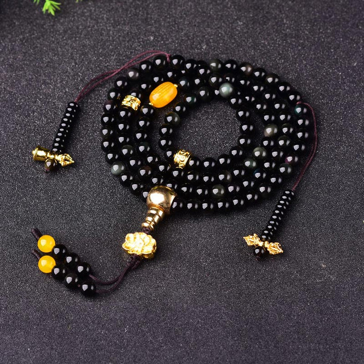 Pulsera Mala de cumplimiento de loto de obsidiana negra natural con 108 Buddha Stones