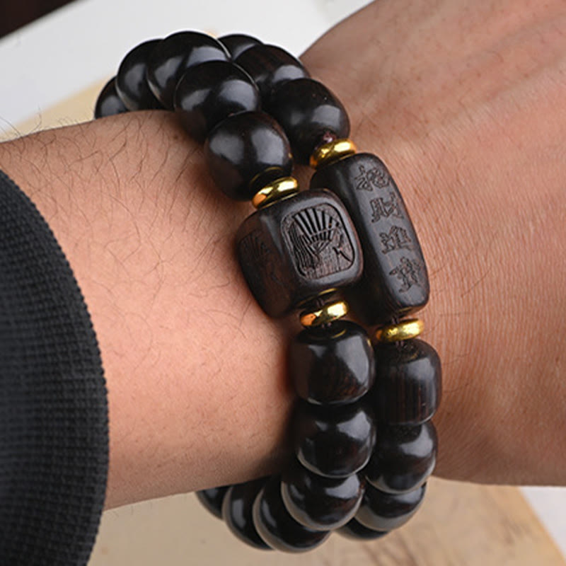 Pulsera de equilibrio de la suerte y el tesoro, cuentas de barril de madera de ébano tibetano, Buddha Stones