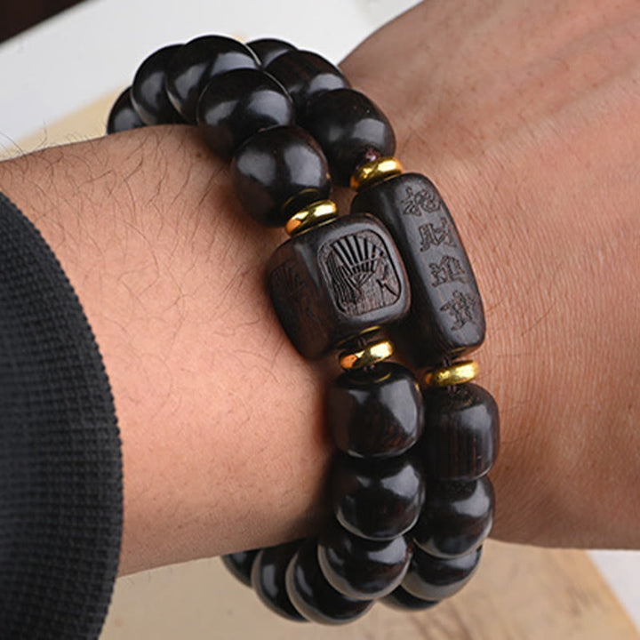 Pulsera de equilibrio de la suerte y el tesoro, cuentas de barril de madera de ébano tibetano, Buddha Stones