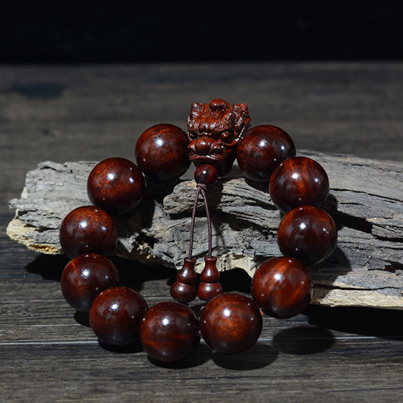 Pulsera de protección con Buddha Stones, palisandro, sándalo verde, hoja pequeña de sándalo rojo y dragón tallado