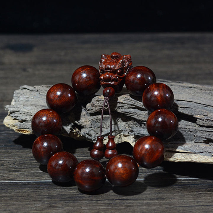 Pulsera de protección con Buddha Stones, palisandro, sándalo verde, hoja pequeña de sándalo rojo y dragón tallado