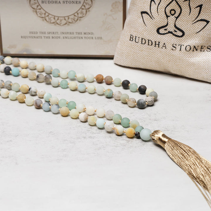 Pulsera Mala con borlas y cuentas de amazonita con 108 Buddha Stones