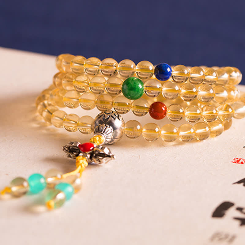 Plata de Ley 925, 108 cuentas de Mala, citrino Natural, ágata roja, ámbar, pulsera con dijes de placer