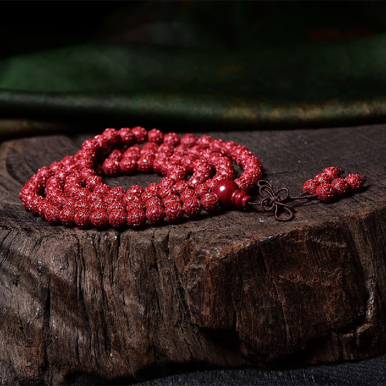 Buddha Stones 108 cuentas Mala cinabrio Om Mani Padme Hum patrón grabado pulsera de bendición