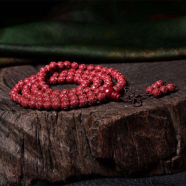 Buddha Stones 108 cuentas Mala cinabrio Om Mani Padme Hum patrón grabado pulsera de bendición