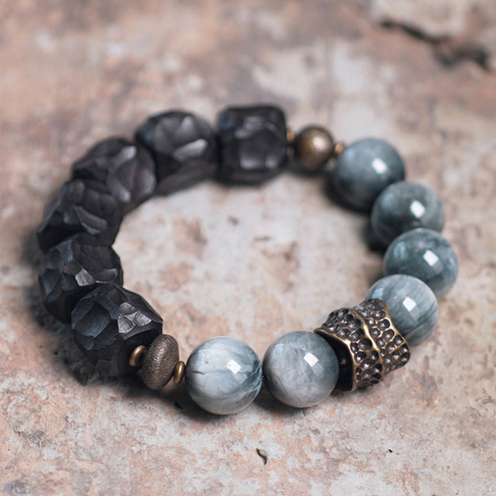 Pulsera de pareja de confianza con Buddha Stones, piedra ojo de águila, madera de ébano, cobre