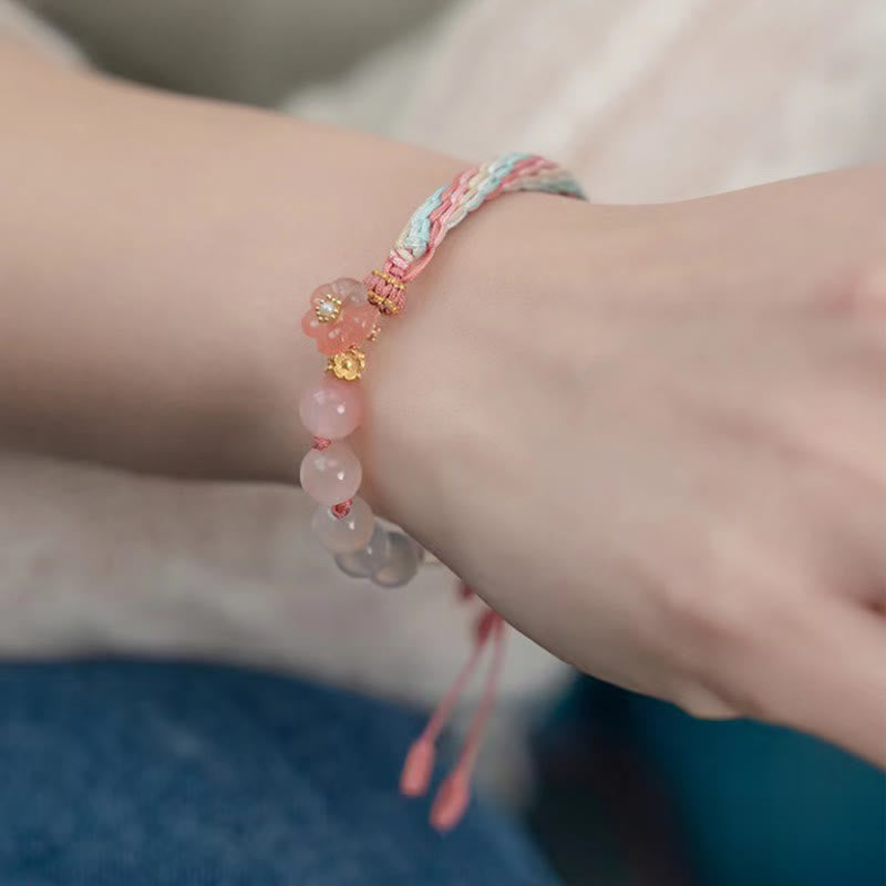 Pulsera de cuerda hecha a mano con Buddha Stones, ágata degradado Natural, nudo de reencarnación, flor de melocotón, riqueza y suerte