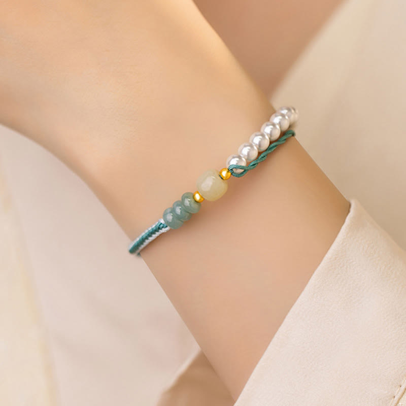 Pulsera de abundancia de perlas de cuerda trenzada de jade hetiano de plata de ley 925 con Buddha Stones